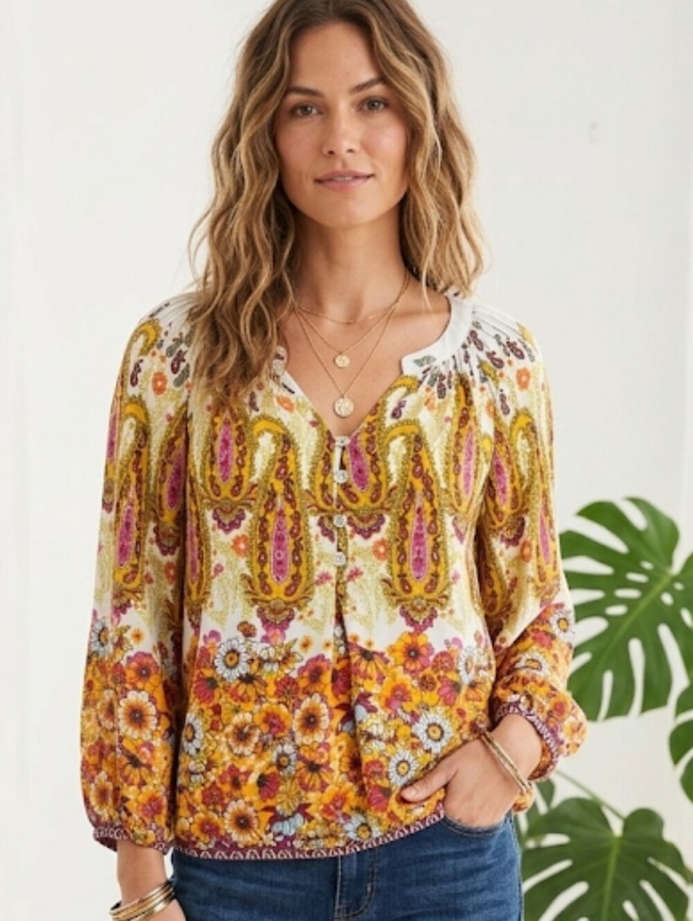 ✨ Fig & Flower Boho Paisley Floral Peasant Blouse ✨ Size S
